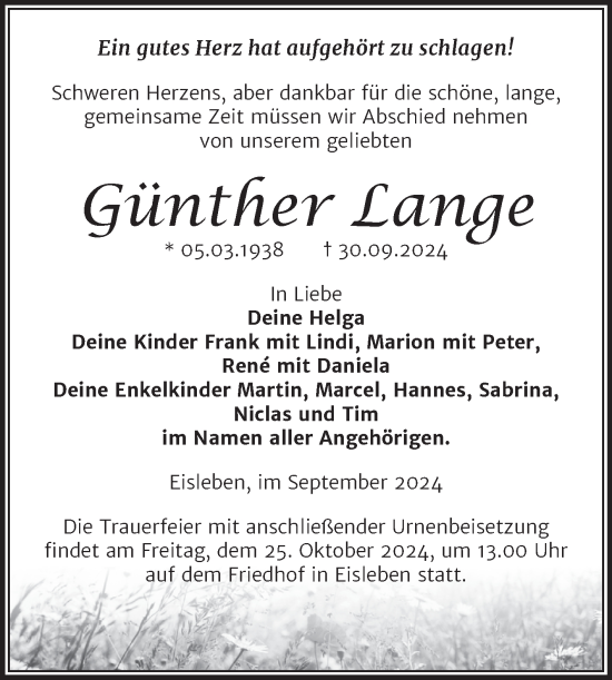 Traueranzeige von Günther Lange von Trauerkombi Mansfelder Land