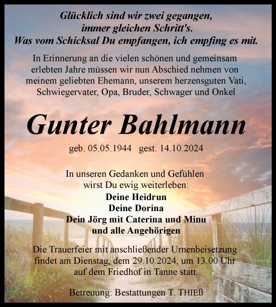 Traueranzeige von Gunter Bahlmann von Volksstimme Wernigerode