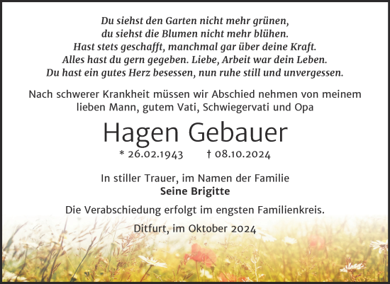 Traueranzeige von Hagen Gebauer von Trauerkombi Quedlinburg