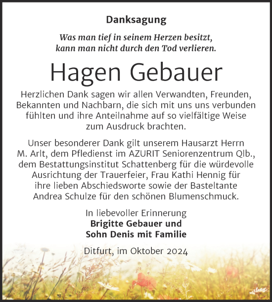 Traueranzeige von Hagen Gebauer von Trauerkombi Quedlinburg