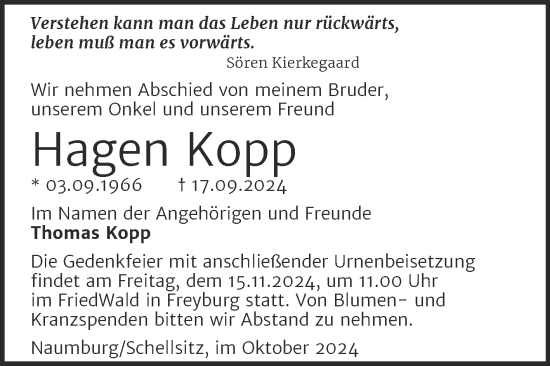 Traueranzeige von Hagen Kopp von Naumburger Tageblatt