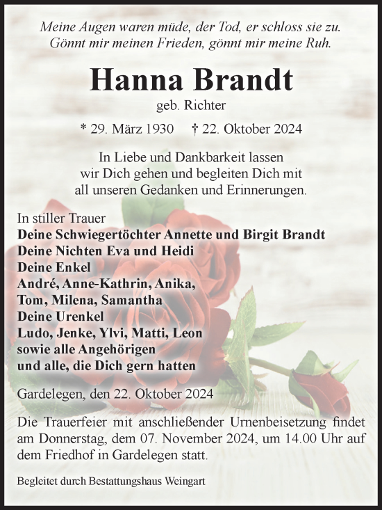 Traueranzeige von Hanna Brandt von Volksstimme Altmark West