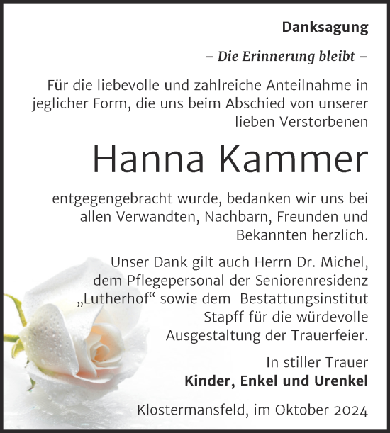 Traueranzeige von Hanna Kammer von Trauerkombi Mansfelder Land