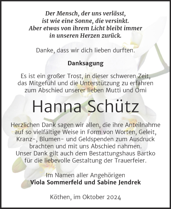 Traueranzeige von Hanna Schütz von Trauerkombi Köthen
