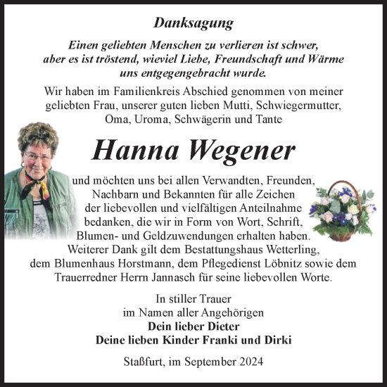 Traueranzeige von Hanna Wegener von Volksstimme Staßfurt