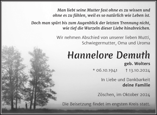 Traueranzeige von Hannelore Demuth von Mitteldeutsche Zeitung Halle/Saalkreis