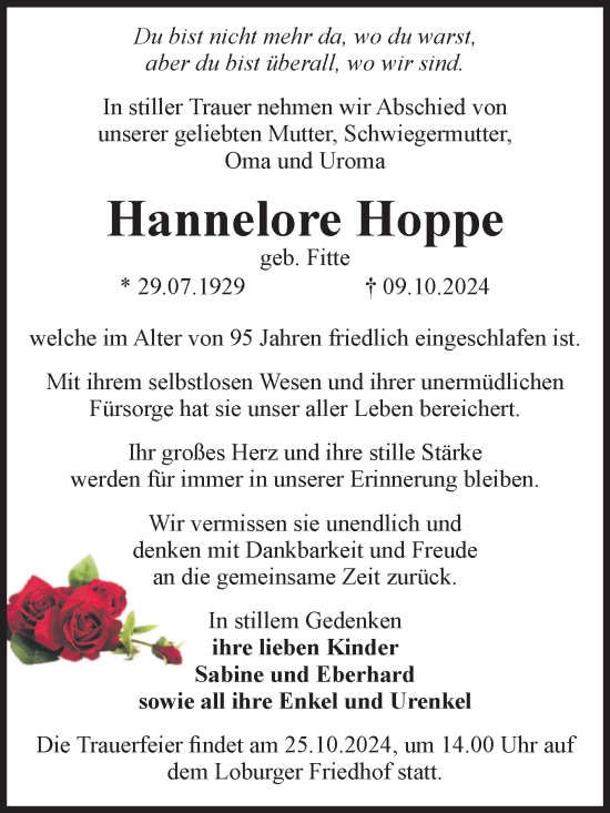 Traueranzeige von Hannelore Hoppe von Volksstimme Zerbst
