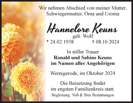 Traueranzeige von Hannelore Keuns von Volksstimme Wernigerode