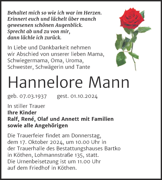 Traueranzeige von Hannelore Mann von Trauerkombi Köthen