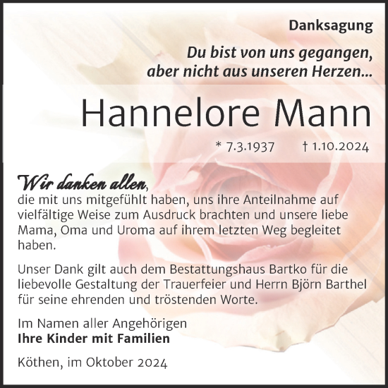 Traueranzeige von Hannelore Mann von Trauerkombi Köthen