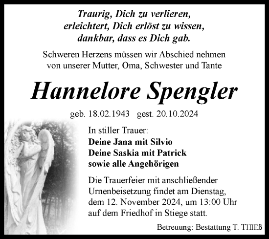 Traueranzeige von Hannelore Spengler von Volksstimme Wernigerode
