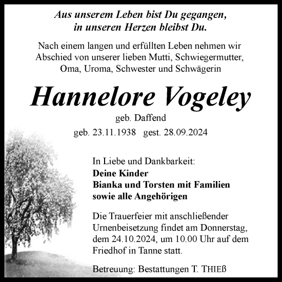 Traueranzeige von Hannelore Vogeley von Volksstimme Wernigerode