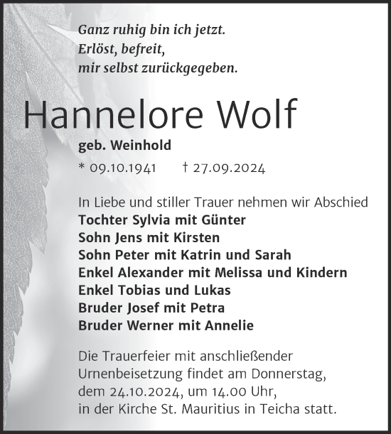 Traueranzeige von Hannelore Wolf 