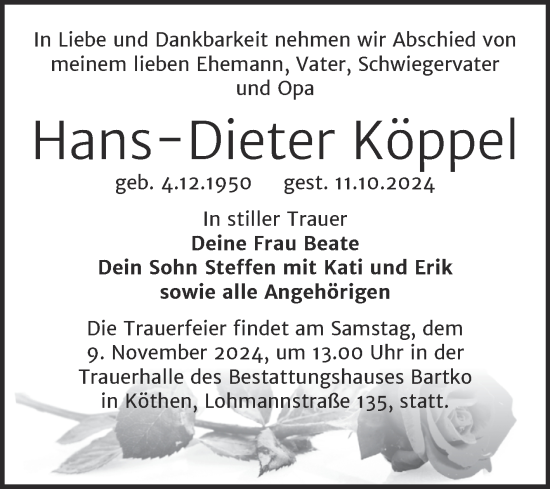 Traueranzeige von Hans-Dieter Köppel von Trauerkombi Köthen
