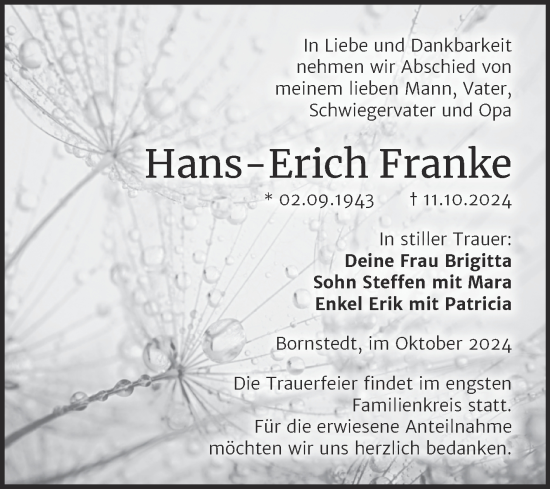 Traueranzeige von Hans-Erich Franke von Trauerkombi Mansfelder Land