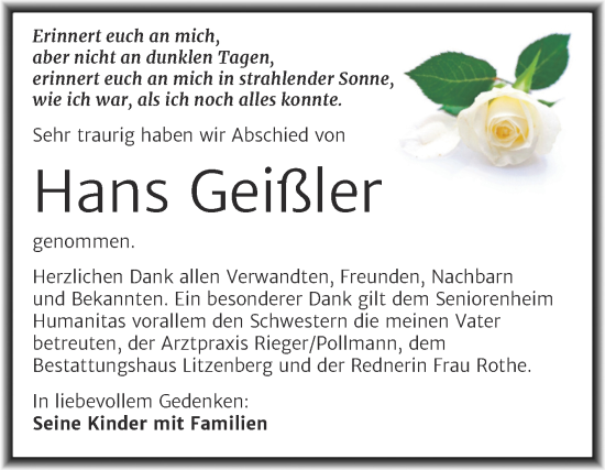 Traueranzeige von Hans Geißler von Trauerkombi Mansfelder Land