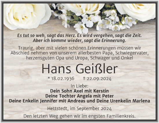 Traueranzeige von Hans Geißler von Trauerkombi Mansfelder Land