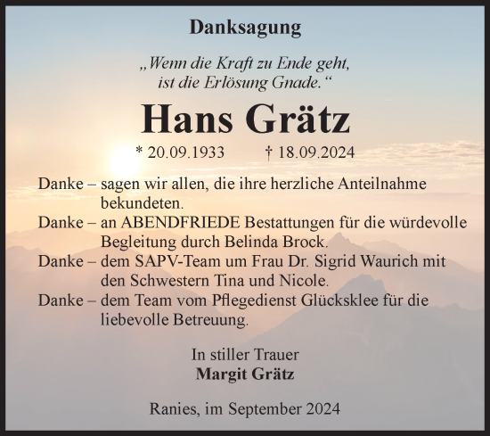 Traueranzeige von Hans Grätz von Volksstimme Schönebeck