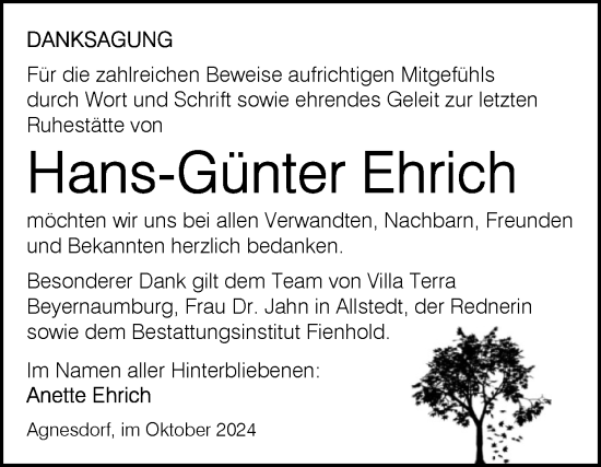 Traueranzeige von Hans-Günter Ehrich von Trauerkombi Sangerhausen
