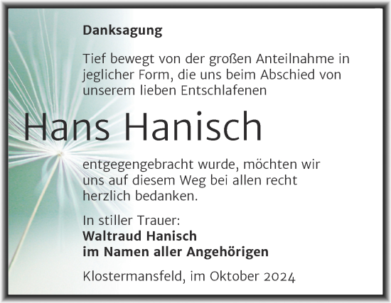Traueranzeige von Hans Hanisch von Trauerkombi Mansfelder Land