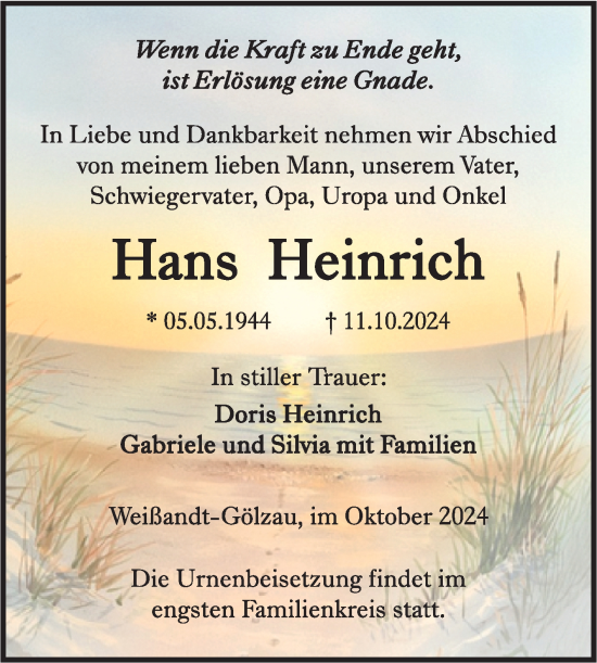 Traueranzeige von Hans Heinrich von Trauerkombi Köthen