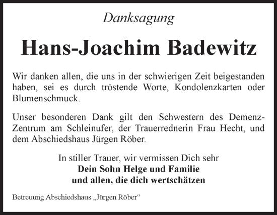 Traueranzeige von Hans-Joachim Badewitz von Volksstimme Magdeburg