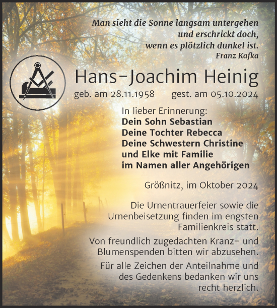 Traueranzeige von Hans-Joachim Heinig von Super Sonntag Naumburg/Nebra