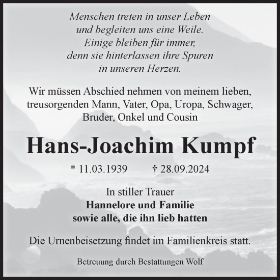 Traueranzeige von Hans-Joachim Kumpf von Volksstimme Wernigerode