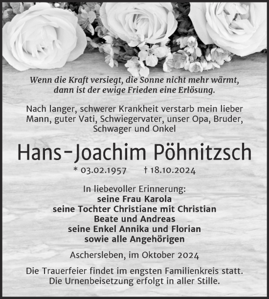 Traueranzeige von Hans-Joachim Pöhnitzsch von Trauerkombi Aschersleben