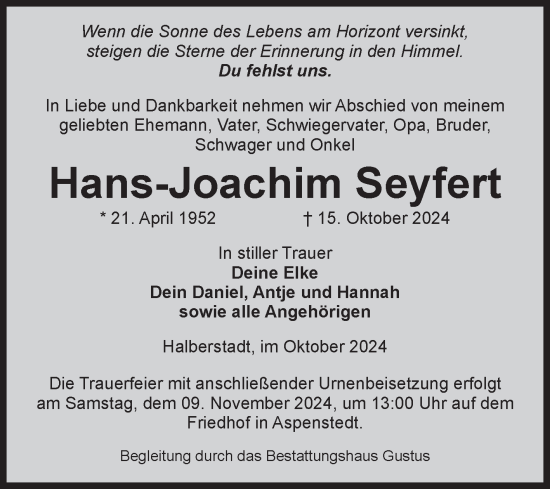 Traueranzeige von Hans-Joachim Seyfert von Volksstimme Halberstadt