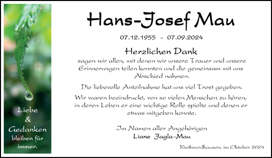 Traueranzeige von Hans-Josef Mau von Trauerkombi Sangerhausen