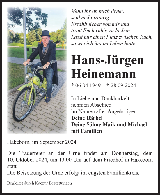 Traueranzeige von Hans-Jürgen Heinemann von Volksstimme Staßfurt