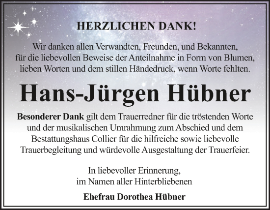 Traueranzeige von Hans-Jürgen Hübner von Trauerkombi Dessau