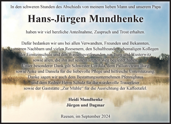 Traueranzeige von Hans-Jürgen Mundhenke von Volksstimme Burg/Genthin