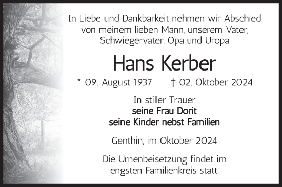 Traueranzeige von Hans Kerber von Volksstimme Burg/Genthin