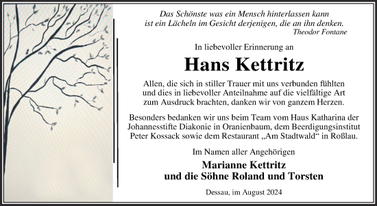 Traueranzeige von Hans Kettritz von Trauerkombi Dessau