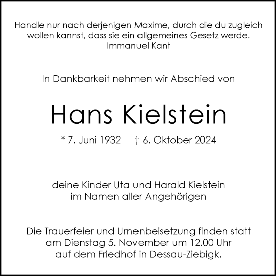 Traueranzeige von Hans Kielstein von Trauerkombi Dessau
