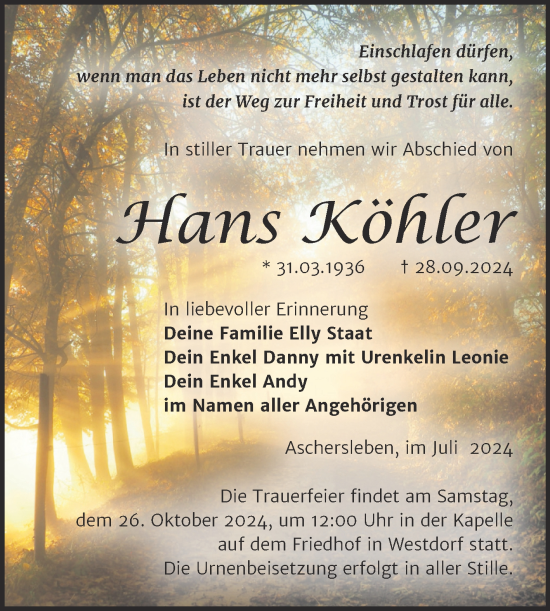 Traueranzeige von Hans Köhler von Trauerkombi Aschersleben