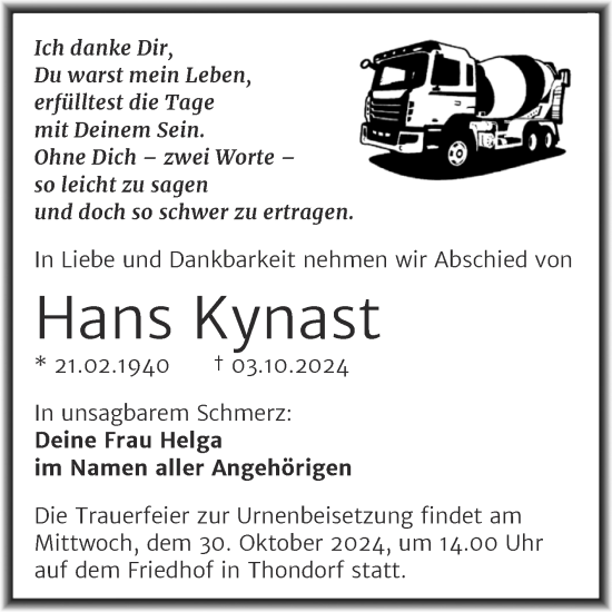 Traueranzeige von Hans Kynast von Trauerkombi Mansfelder Land