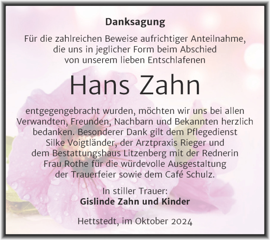 Traueranzeige von Hans Zahn von Trauerkombi Mansfelder Land