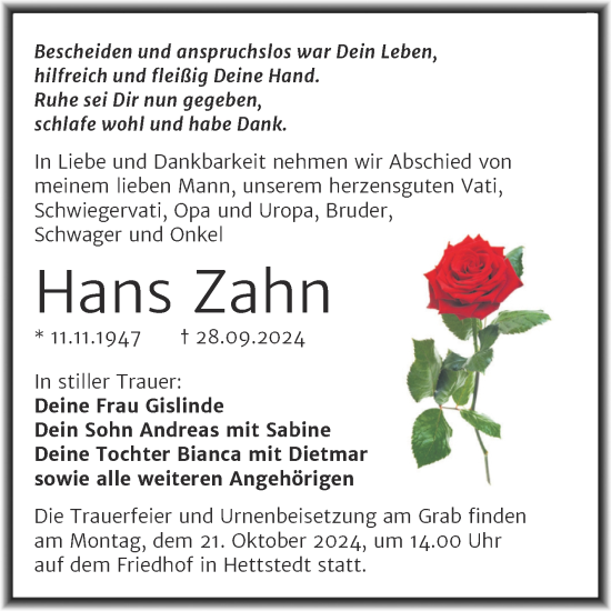 Traueranzeige von Hans Zahn von Trauerkombi Mansfelder Land