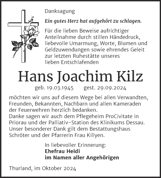 Traueranzeige von Hans Joachim Kilz von Trauerkombi Bitterfeld
