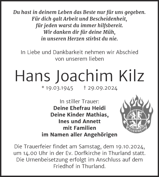 Traueranzeige von Hans Joachim Kilz von Trauerkombi Bitterfeld