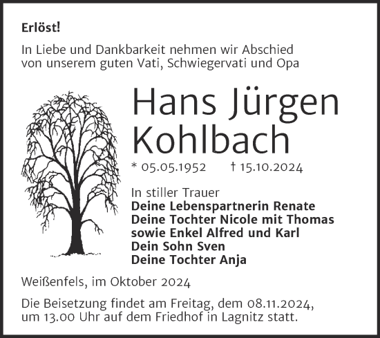 Traueranzeige von Hans Jürgen Kohlbach von Trauerkombi Weißenfels