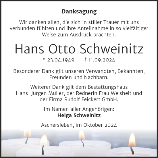Traueranzeige von Hans Otto Schweinitz von Trauerkombi Aschersleben