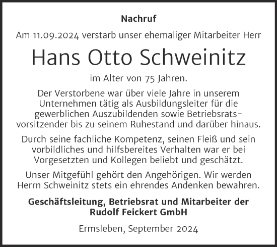 Traueranzeige von Hans Otto Schweinitz von Super Sonntag Aschersleben
