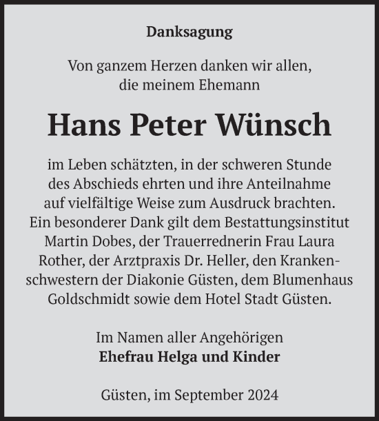 Traueranzeige von Hans Peter Wünsch von Volksstimme Staßfurt