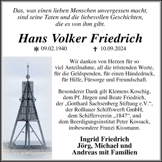 Traueranzeige von Hans Volker Friedrich von Trauerkombi Dessau