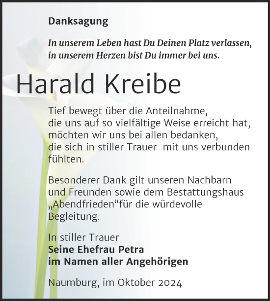 Traueranzeige von Harald Kreibe von Super Sonntag Naumburg/Nebra