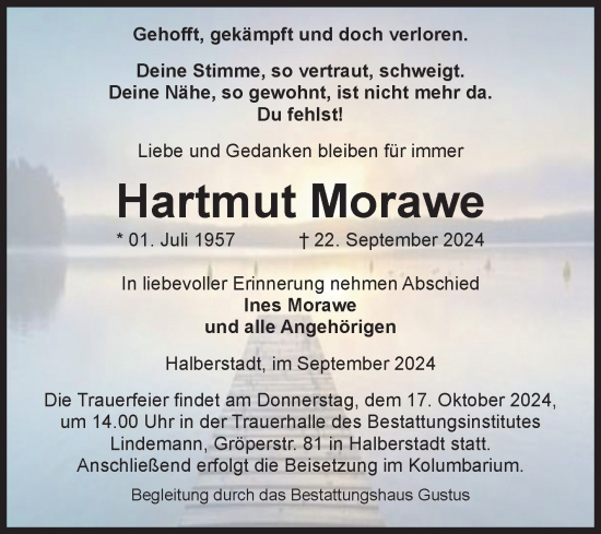 Traueranzeige von Hartmut Morawe von Volksstimme Halberstadt